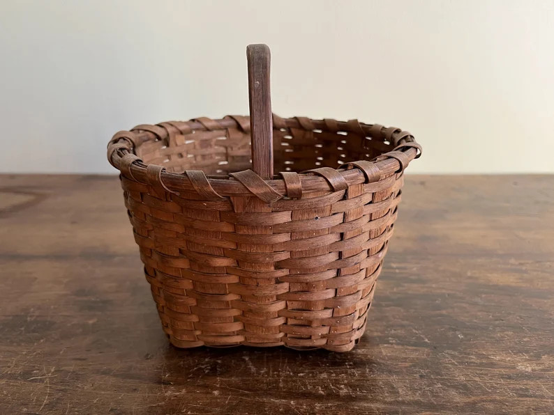 Small Ash Splint Gathering Basket With Carved Stationary Handle, Old Natural Surface, American, L... | Etsy (US)