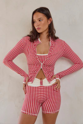 Astoria LUXE BALANCE Ruched Zip Up Jacket - Red Gingham | astoria activewear