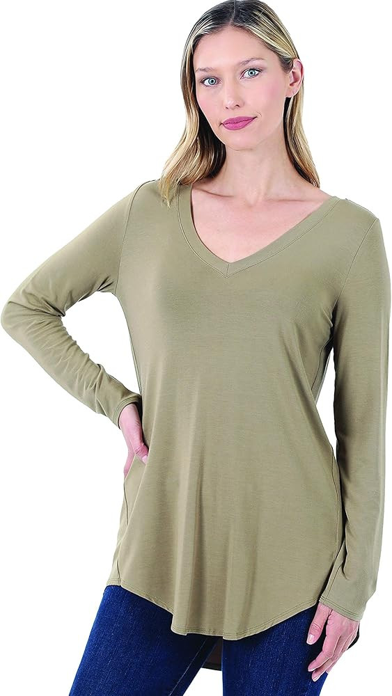 Zenana Luxe Rayon Long Sleeve V-Neck HI-Low Hem TOP Khaki L | Amazon (US)