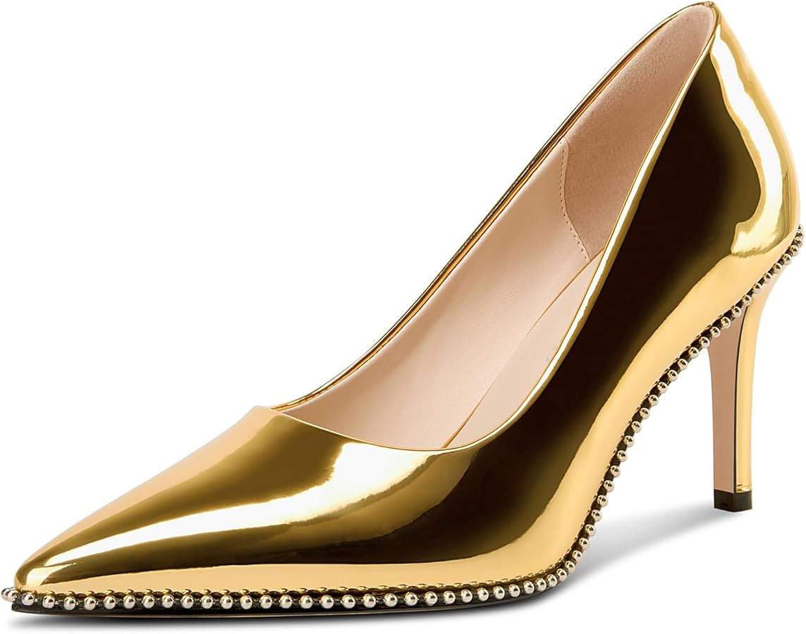 TNYNFBEB Womens Stiletto Mid Heel Pointed Toe Pumps Slip-on Sliver Beaded Prom Wedding Dress Basi... | Amazon (US)