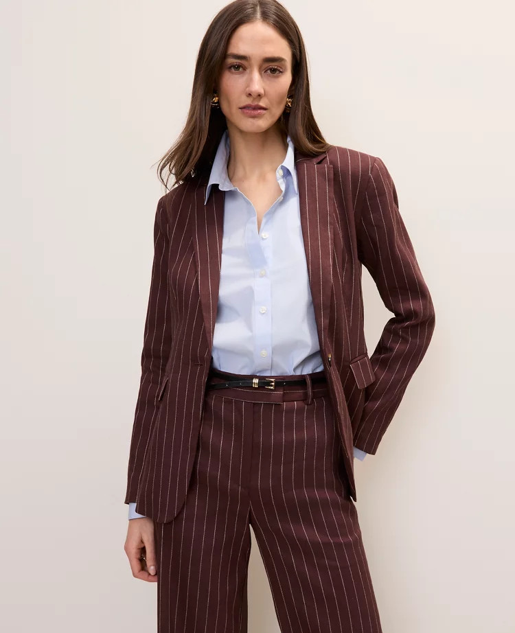 The Pinstripe Long One Button Blazer in Linen Blend | Ann Taylor