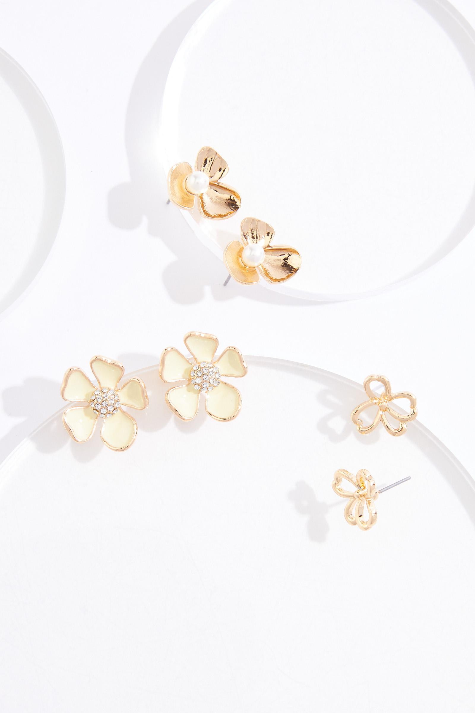 Gold Floral Enamel Stud Earrings Set | Cato Fashions