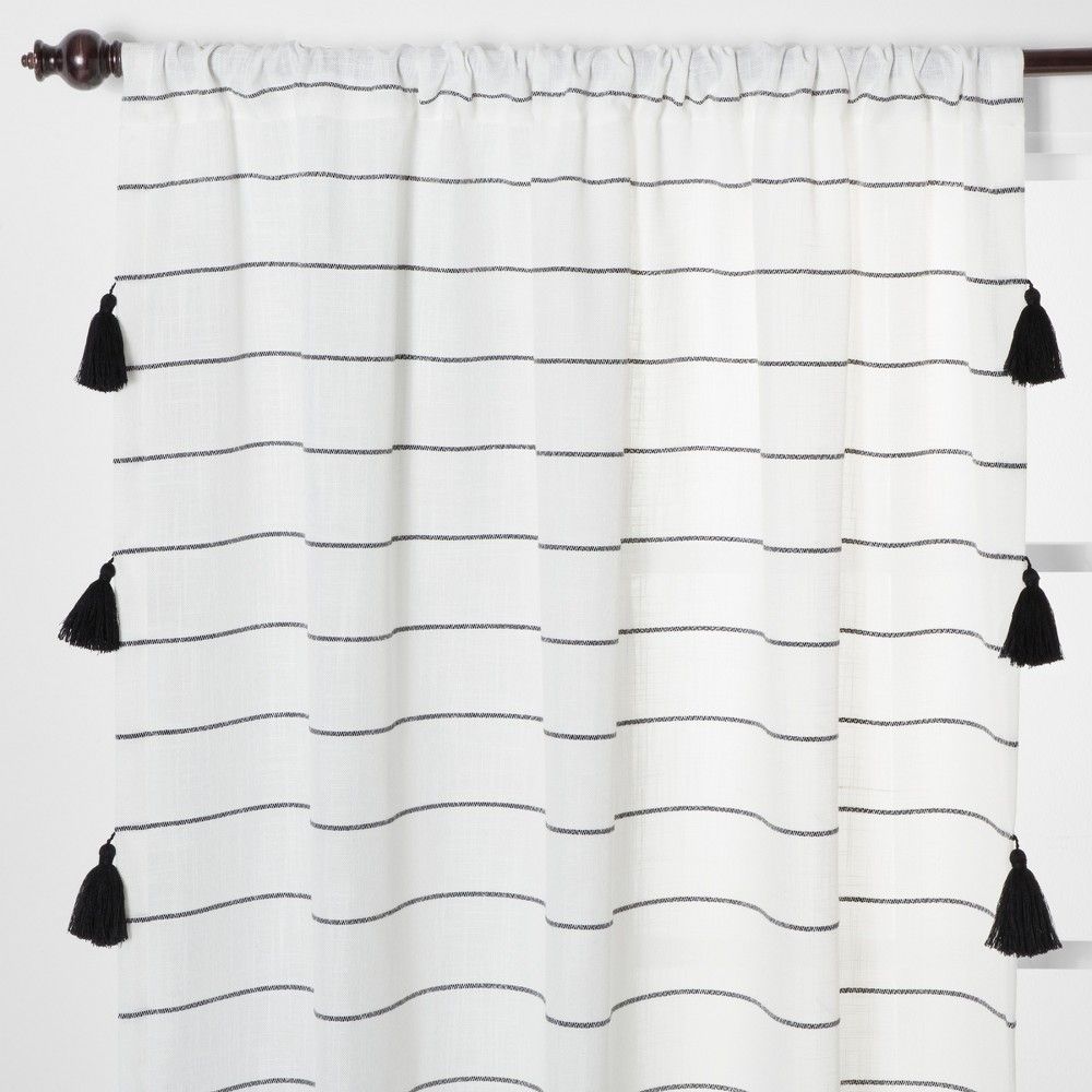 84""x54"" Contrast Stripe Light Filtering Curtain Panels with Tassel Black/White - Opalhouse | Target