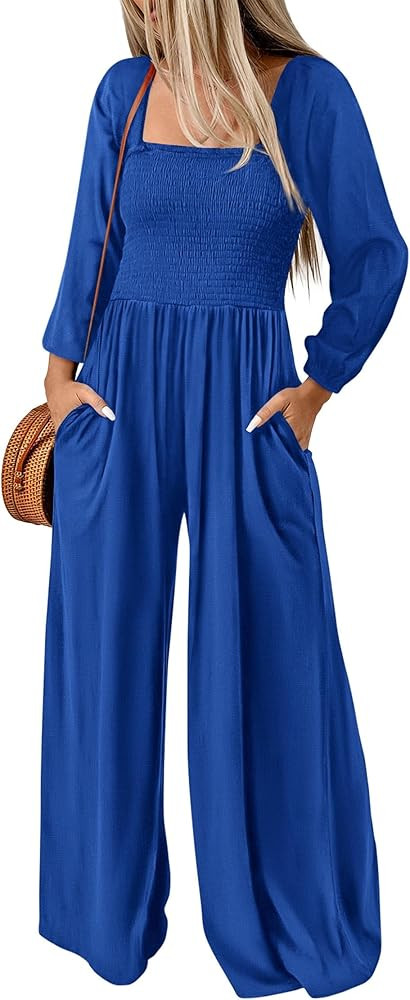 KIRUNDO Women's 2025 Spring Fall Long Sleeve Jumpsuits Casual Dressy One Piece Loose Smocked Wide... | Amazon (US)
