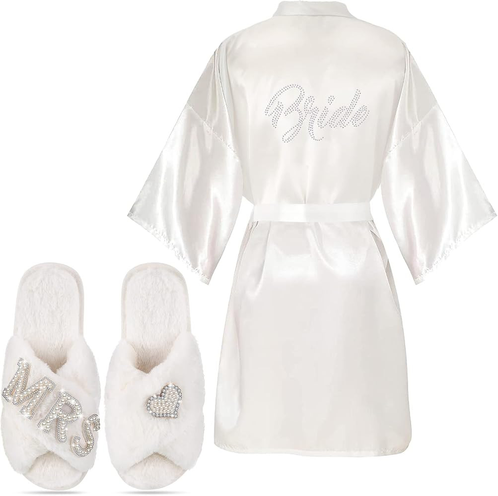 Mepase 2 Pcs Bride Gifts Bride Robe with Slippers Satin Rhinestone Wedding Day Robe Slippers for ... | Amazon (US)