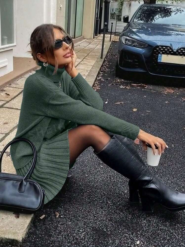 TrendsSHEIN Relaxiva 2pcs/Set Women Solid Color Turtleneck Drop Shoulder Long Sleeve Sweater And ... | SHEIN