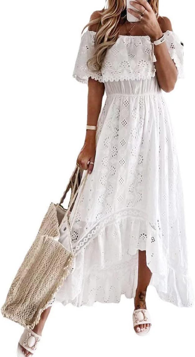 ABOCIW Women's Boho Maxi Dress Lace Up Tassel V-Neck Flare Ruffle Fringed Beach Summer Dresses | Amazon (US)