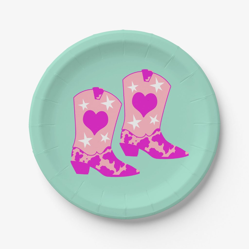 Modern Girly Pink Cowgirl Western Boots Mint Paper Plates | Zazzle