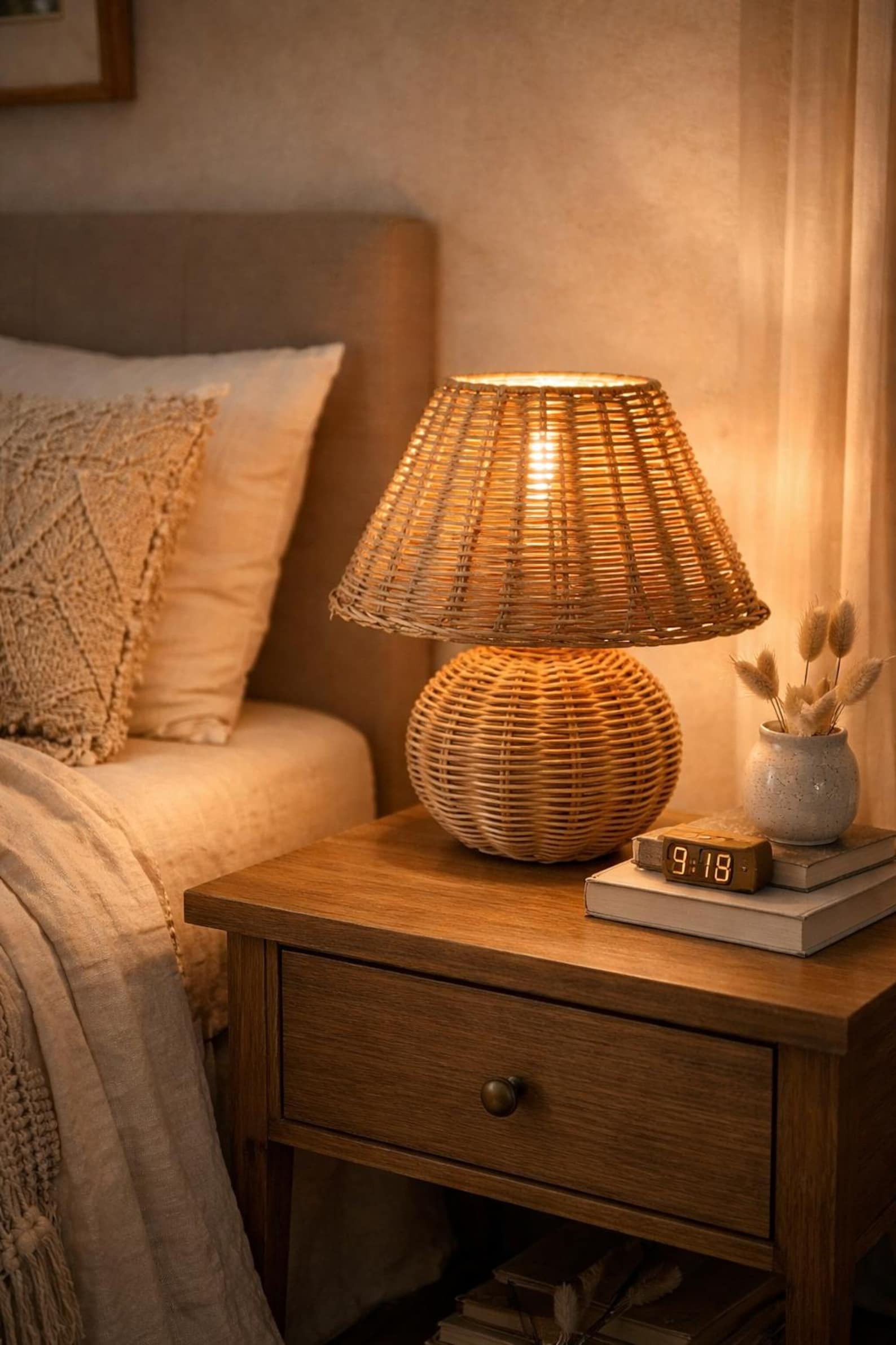 Wicker Table Lamp with Natural Rattan Shade, 9.8 in Tall, Boho Bedside Lamp, Warm Ambient Light, ... | Etsy (Global)