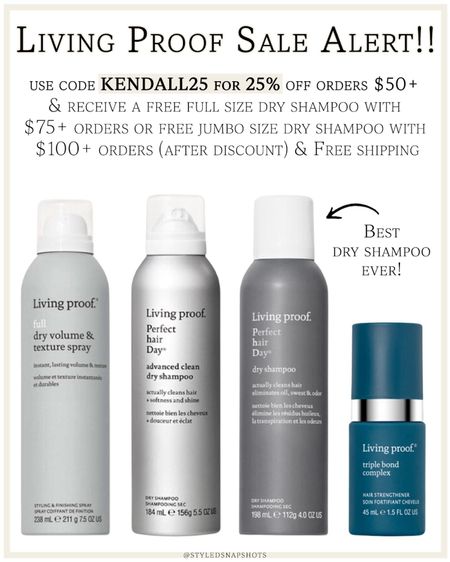 Living proof code!! Use code KENDALL25 and take 25% off orders $50+ & receive a free dry shampoo on orders over $75 and a jumbo size on orders over $100 (after discount & excludes kits) 

beauty favorites, hair care 

#LTKbeauty #LTKfindsunder50 #LTKsalealert