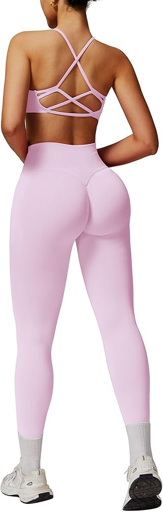 ABOCIW Workout Sets for Women 2 Piece Seamless HIgh Waist Scunch Butt Lifting Leggings Strappy Sp... | Amazon (US)