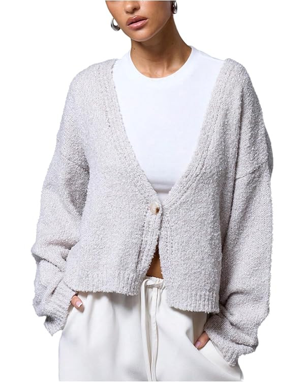 Milumia Women's Deep V Neck Drop Shoulder Cardigan Casual Long Sleeve Knitted Sweaters | Amazon (US)