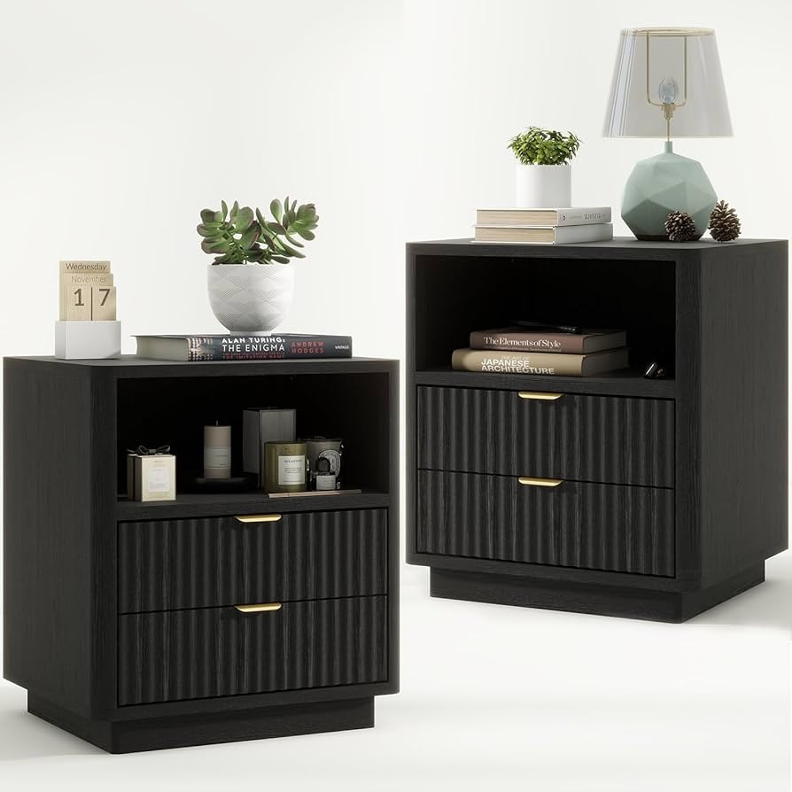 Fluted Nightstands Set of 2, Black Night Stands with 2 Drawers and Open Shelves, Wooden Bedside T... | Amazon (US)