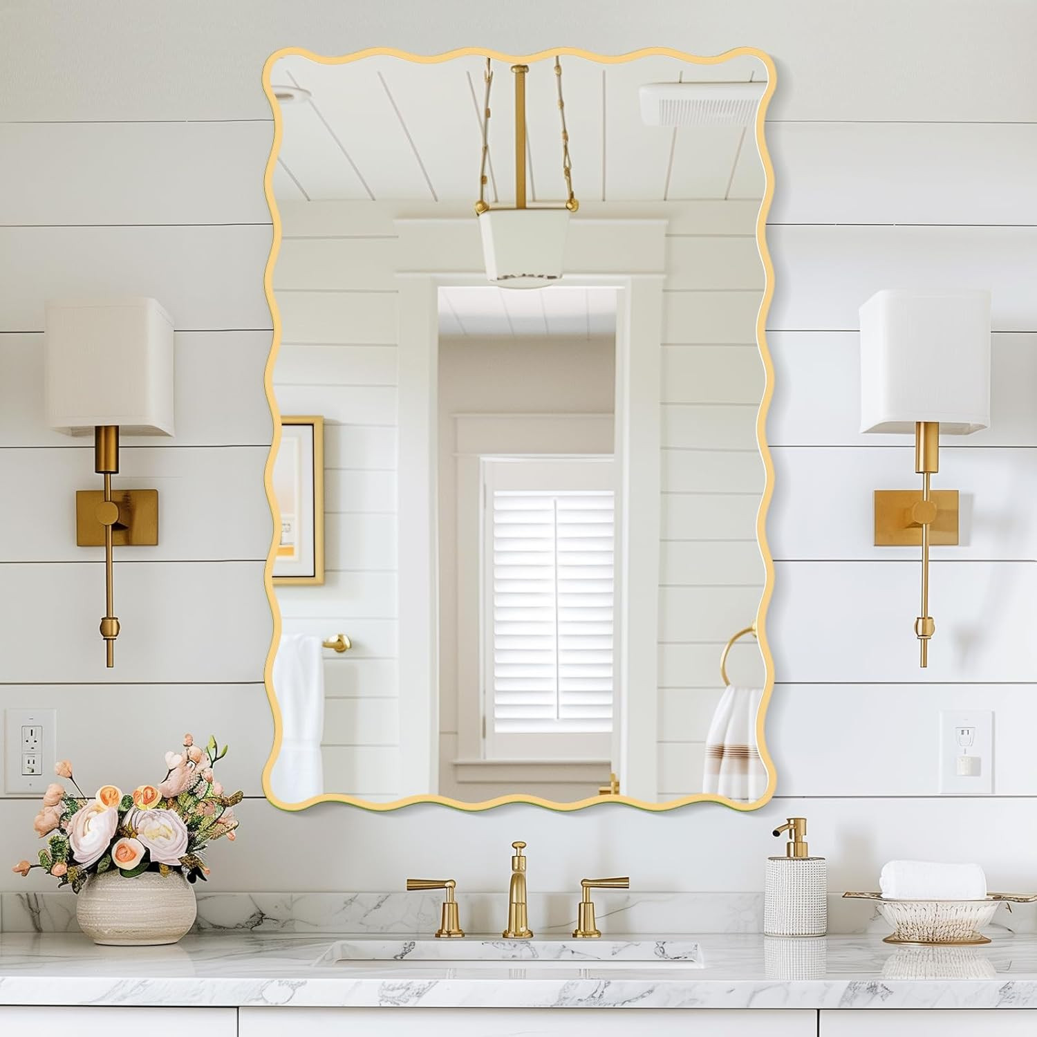 Gold Wavy Bathroom Mirror 20" x 30" Rectangle Scalloped Mirror for Wall Decor, Bathroom Vanity, B... | Amazon (US)