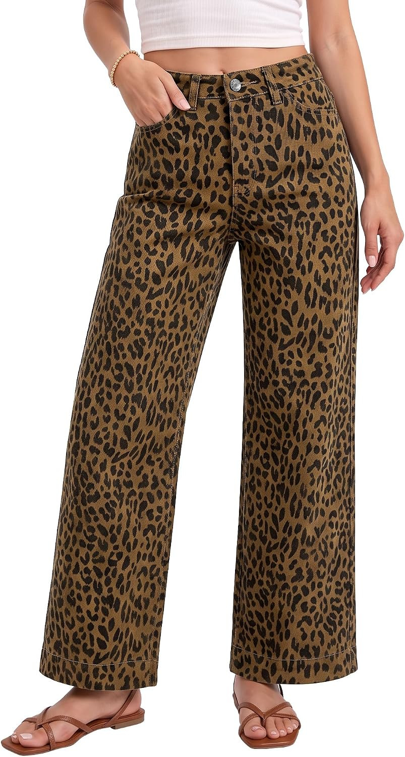 Vetinee Wide Leg Jeans Woman Leopard Cheetah Print Ankle Length Denim Pants | Amazon (US)