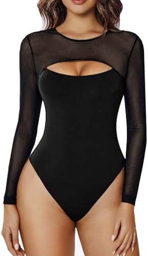 Avidlove Bodysuits for Women Round Neck Shapewear Bodysuit Long Sleeve Bodysuit Sexy Mesh Top Dou... | Amazon (US)