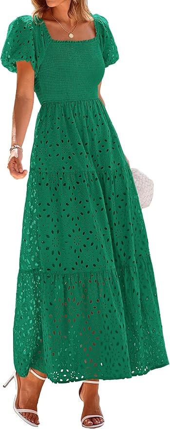 PRETTYGARDEN Summer Dresses for Women 2026 Eyelet Square Neck Puff Sleeve Smocked Wedding Guest M... | Amazon (US)