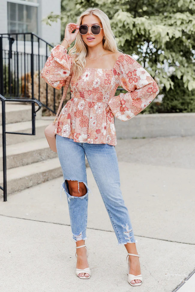 Know When It's Love Terracotta Smocked Bust Floral Blouse FINAL SALE | Pink Lily