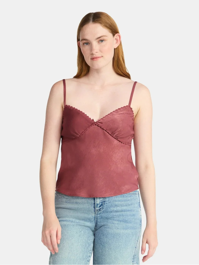 No Boundaries Woven Cami Top with Lace Trim and Bow, Women's - Walmart.com | Walmart (US)