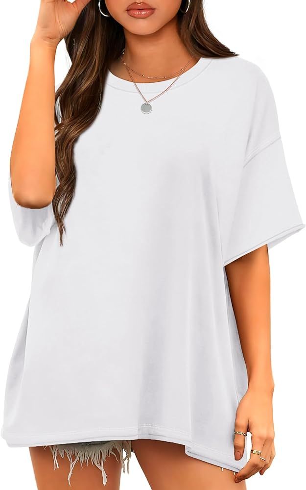 WIHOLL Oversized T Shirts for Women Cotton Short Sleeve Summer Tops Round Neck Basic Tees | Amazon (US)