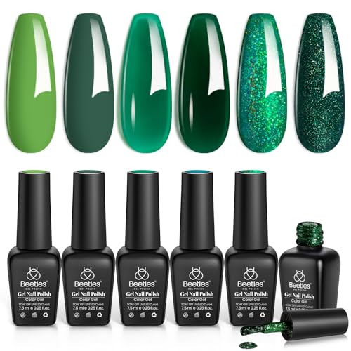 Beetles Carnival Evergreen Gel Nail Polish Set 6 Pcs Glitter Green Sparkle Gel Polish Kit Soak Off UV Nail Lamp Avocado Dark Green Nail Gel Nail Kit Nail Art Design | Amazon (US)