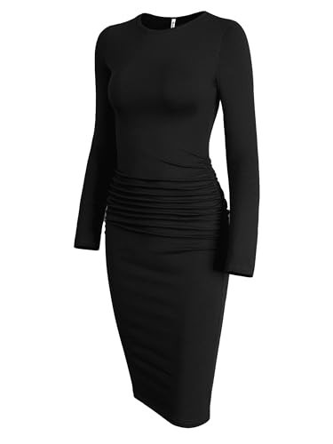 Missufe Women's Long Sleeve Ruched Bodycon Casual Knee Length Dress (Black, XX-Large) | Amazon (US)