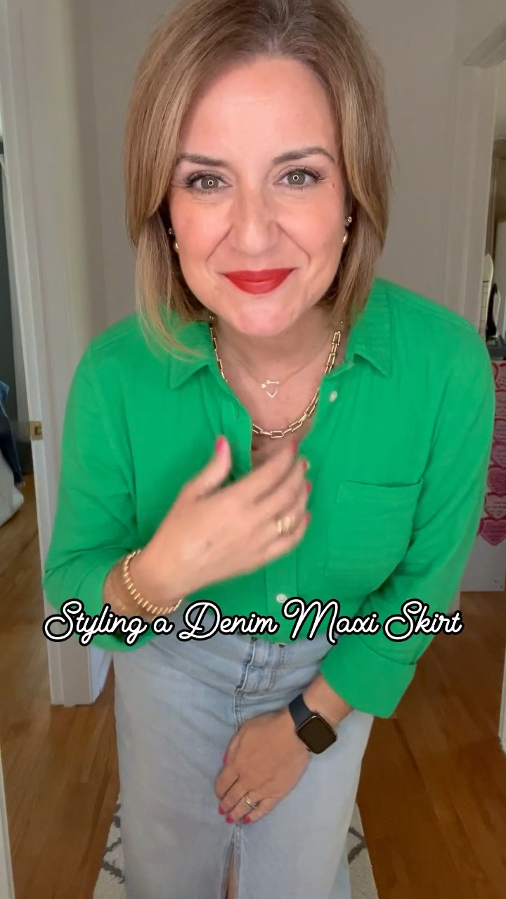 I have fallen in love with my denim maxi skirt! I first discovered my obsession when I tried one on at anthropology, but couldn’t justify spending over $150 on a denim skirt. I had to go to target to do a return, and decided to just browse around in the clothing section, and found and identical Denim skirt for under $40. No-brainer, right!?

I took this skirt with us on our spring break trip to Abilene, wore it to breakfast, and immediately changed afterwards due to the chilly weather. Thank goodness, I packed an extra pair of jeans! I have since worn the skirt, one other time, and pulled it out earlier this week for a casual interview . When I got home, I decided to play around with other pieces in my closet and here are all the way I plan to style this maxi skirt for the remainder of spring going into summer.

The first look is what I wore on my interview. This buttery soft button-down from J.Crew is going to be on repeat with jeans, shorts, and would be super cute as a jacket over a sleeveless dress. I paired delicate gold accessories, pulled out an old leather wrapped bracelet, and added sneakers for a casual chic look. And that pig belt is such a gem! The second look is a little more dressy with a basic white tee and black tweed blazer. Again, fun chunky accessories and sneakers complete the look. The third look is the same white tee with a statement necklace. Gold flat sandals make it perfect for summer trips to the zoo, drinks on a patio, or stroll through your local art museum. Lastly, this blousy tank gives the skirt a more of an elevated look. A fun crochet bag, black flats, and statement earrings complete a night out on the town approach! It’s my personal favorite and can’t wait to take it out for a stroll!! #LTKDenim #LTKMaxiDenimSkirt #LTKStyling 