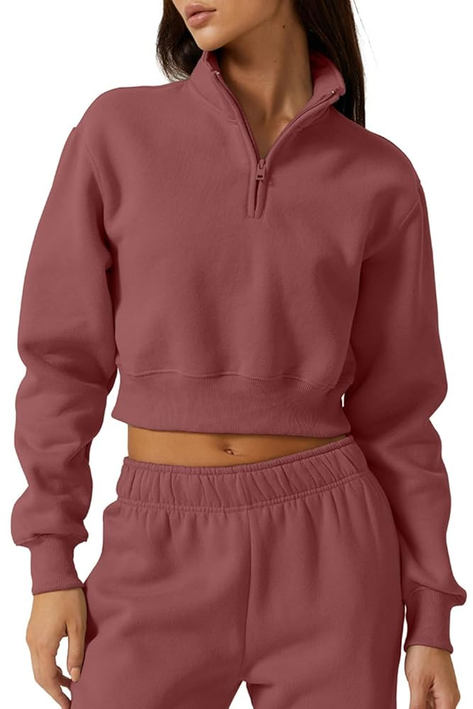 QINSEN Womens Half Zip Crop Sweatshirt High Neck Long Sleeve Pullover Cropped Top | Amazon (US)