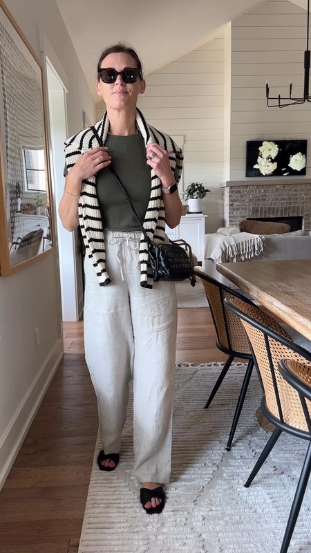 Linen pants runs very big, I went down 2 sizes, Xxs
Cream sweater I went down a size, XS
Navy striped sweater, true to size, small
Green tee, true to size,
small
Cream/black stripe sweater, true to size, small


#LTKStyleTip #LTKSeasonal #LTKOver40