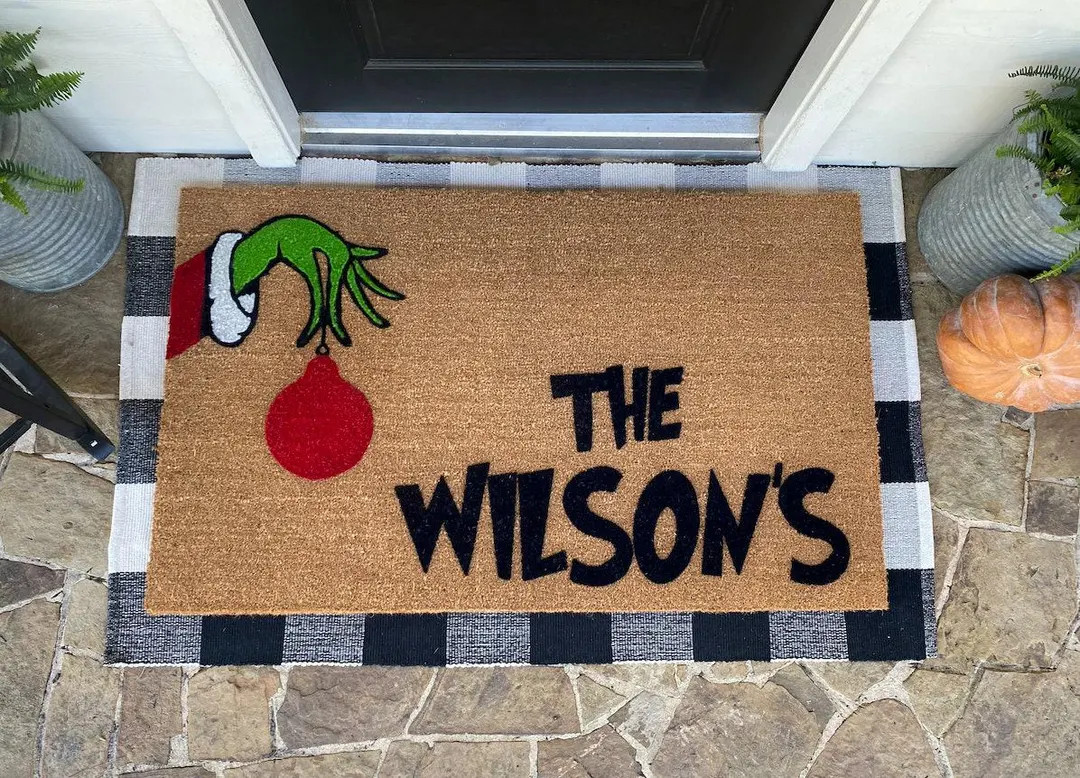 The Grinch Christmas Personalized Doormat, Christmas Door Mat, Outdoor Welcome Mat, Flocked Coir ... | Etsy (US)