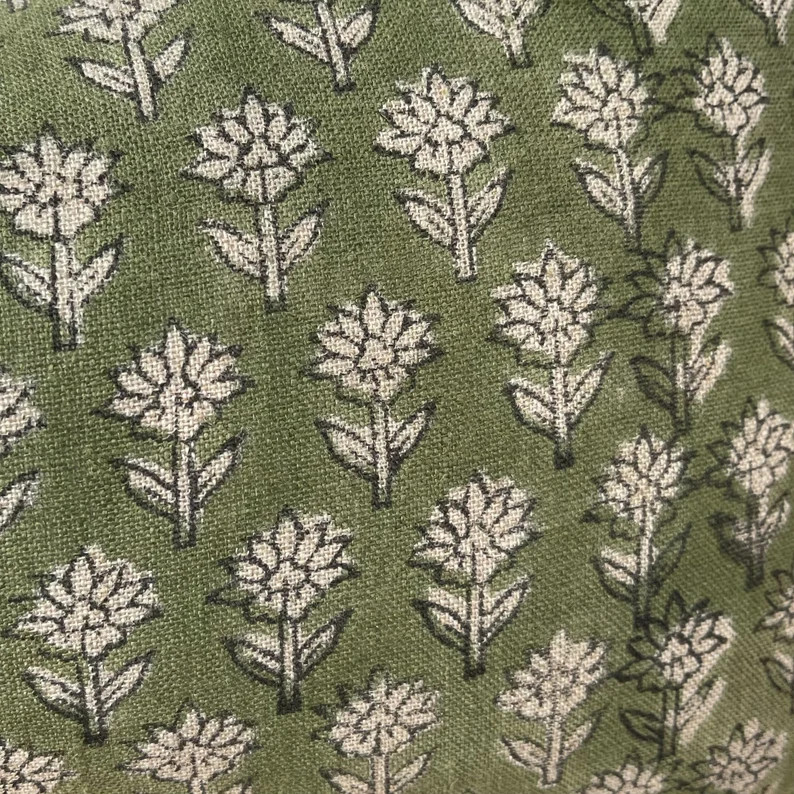 Block print  linen fabric pillow cover. Green Floral Lumbar pillow cover . 12x20”14x20”14x30... | Etsy (US)