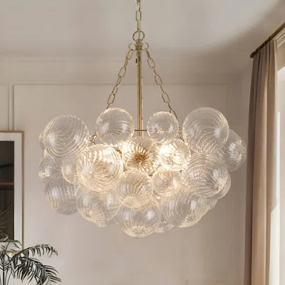 6-Light Brass Chandelier With Ribbed Globe Glass, 25 Inch Mid-Century Bubble Ceiling Light | Wayfair North America