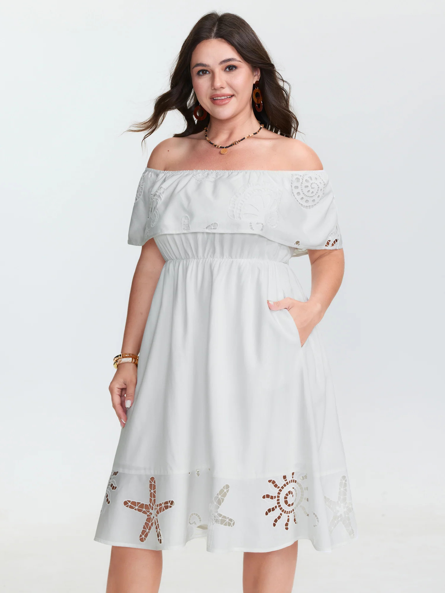 Ocean Pattern Embroidered Cut-Out Midi Dress | Bloomchic