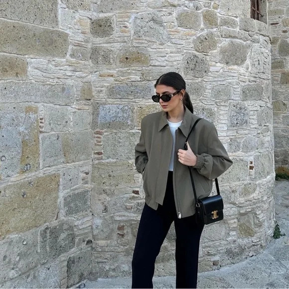 Zara Khaki Topstitched Pocket Bomber | Poshmark