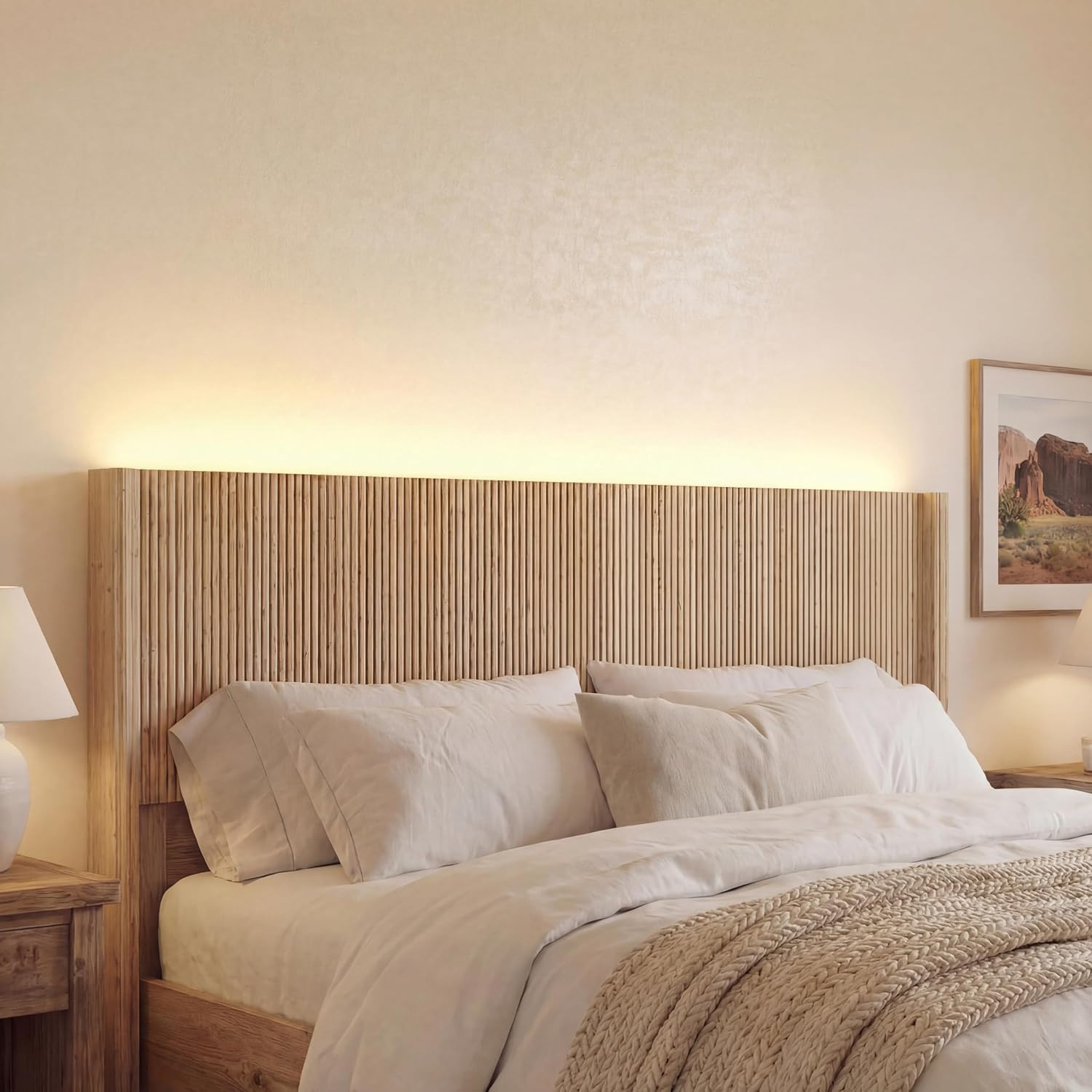 Queen Size Headboard Only, Modern Fluted Wall-Mounted Head Board with Lighting, Boho Wood Bed headboard Stylish Bedroom Decor, Natural | Amazon (US)