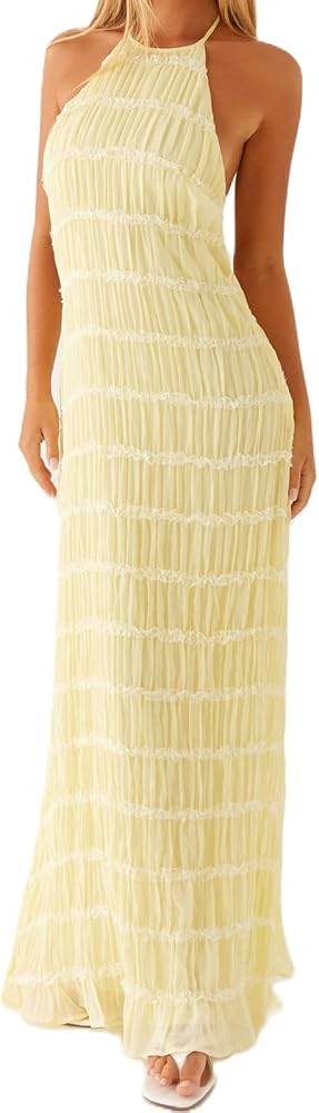 Women Backless Maxi Beach Dress Spaghetti Strap Halter Smocked Long Dress Flowy Vacation Sundress | Amazon (US)