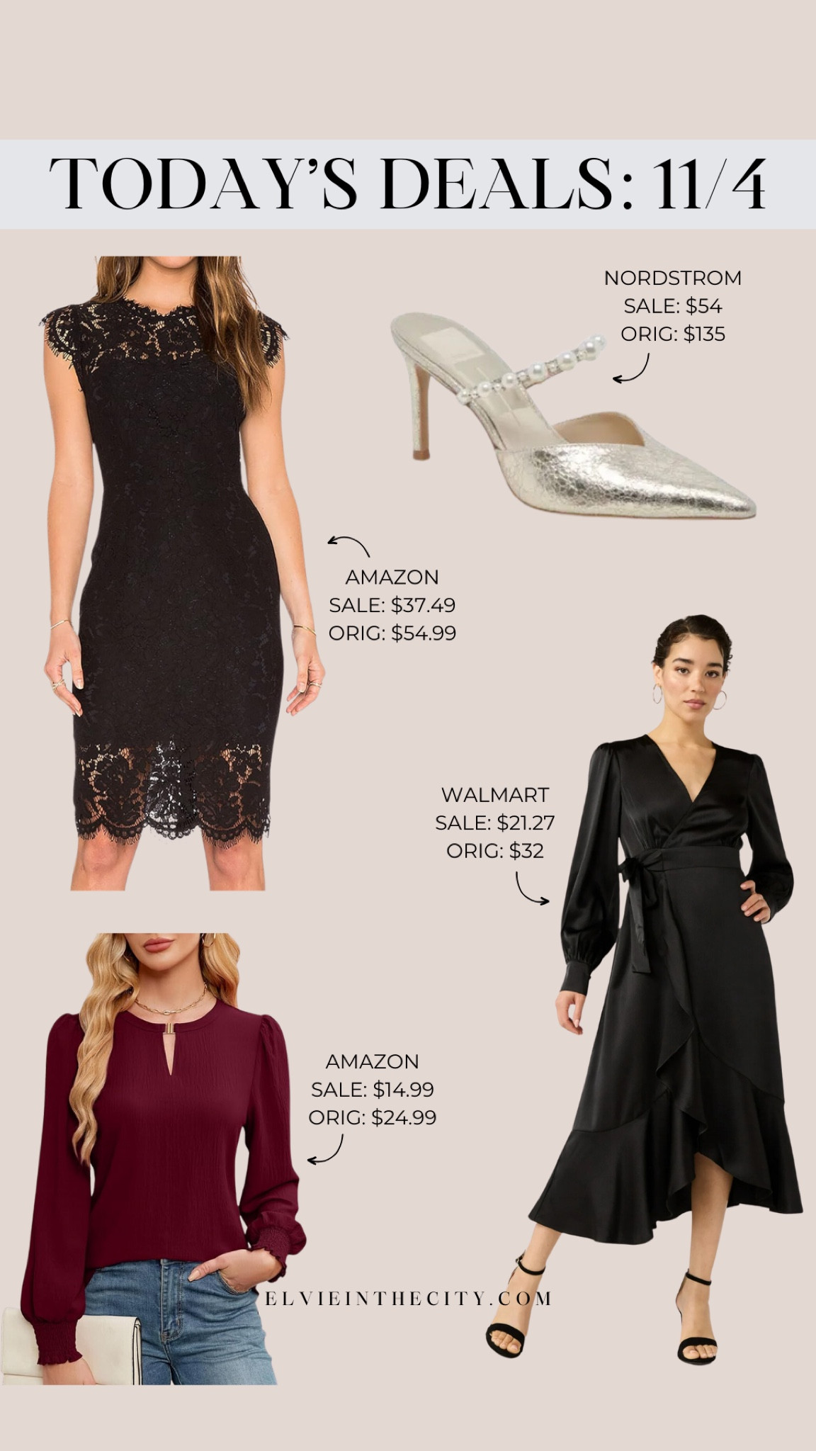 Today’s deals include a lace cocktail dress from Amazon, Dolce Vita heels from Nordstrom, a puff sleeve blouse from Amazon, and a wrap dress from Walmart.

Ootd, fall outfit, winter outfit, holiday dress, Christmas party dress, fashion over 40

#LTKStyleTip #LTKOver40 #LTKFindsUnder50