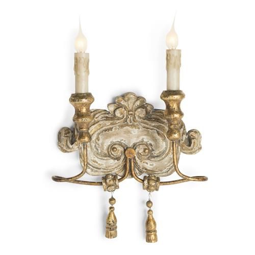 Lenny French Country Vintage Style 2 Arm Rustic Gold Light Wall Sconce | Kathy Kuo Home