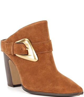 Baily Suede Big Buckle Hardware Strap Pointed Toe Dress Mules | Dillard's