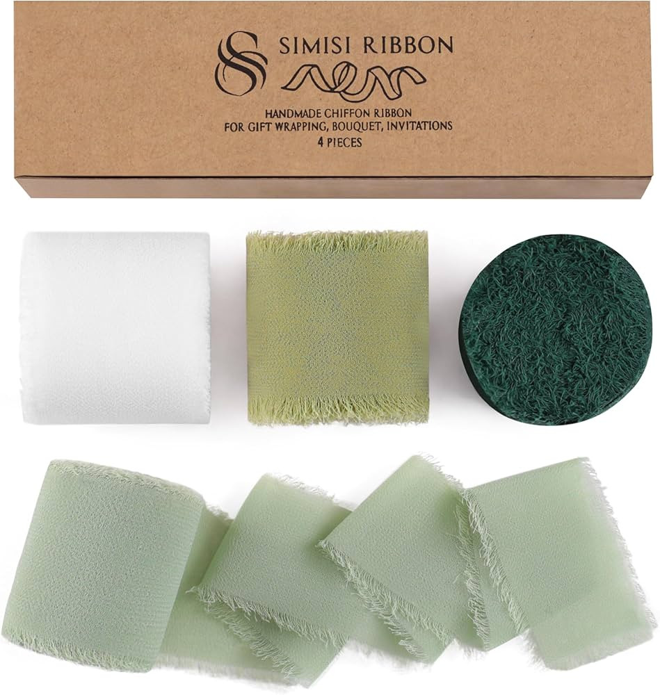 Chiffon Silk Ribbon Green & White Handmade Frayed Fringe Sheer Boho Ribbon for Flower Bouquet, Gi... | Amazon (US)