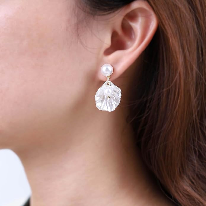 Boho Pearl Shell Dangle Drop Earrings White Sea Shell Earrings Cowrie Shell Stud Earrings Wedding... | Amazon (US)
