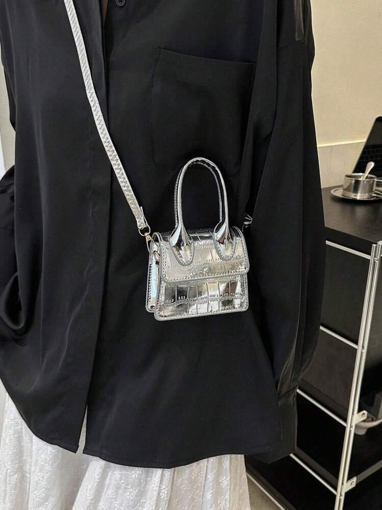 Mini Square Bag Crocodile Embossed Silver Funky, Animal Print Women Bag | SHEIN