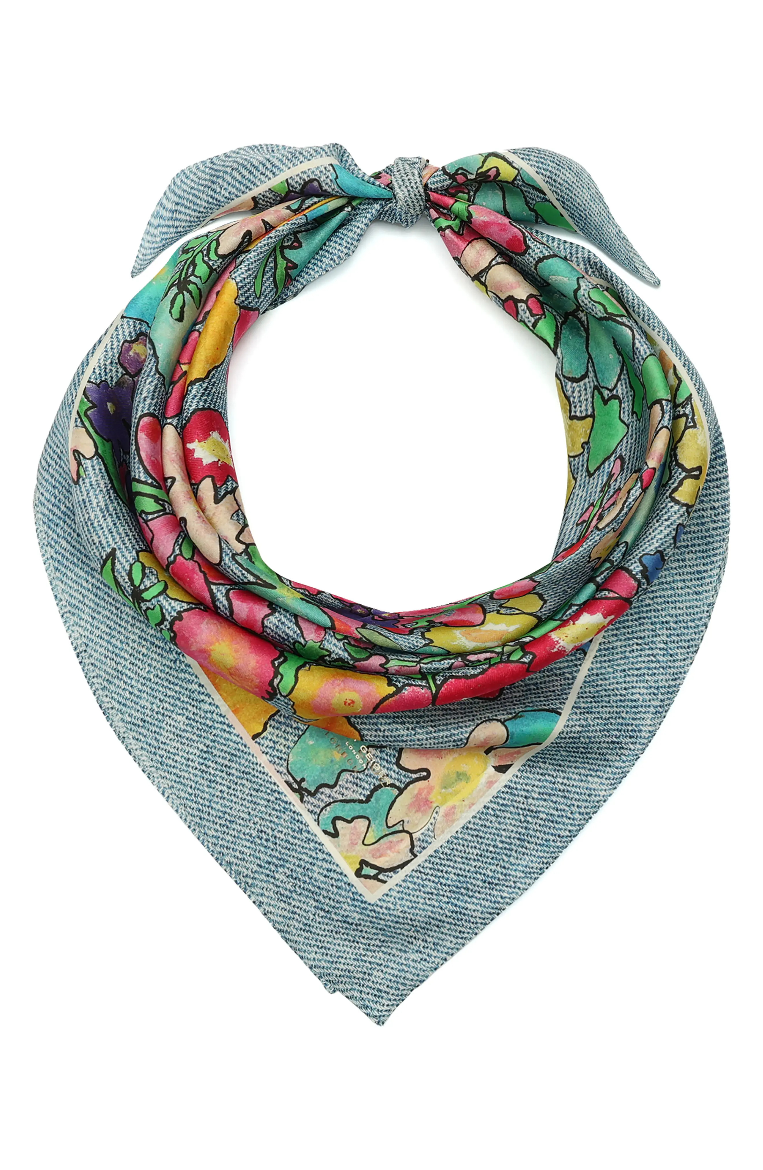 Kurt Geiger London Floral Denim Silk Square Scarf in Rainbow at Nordstrom | Nordstrom