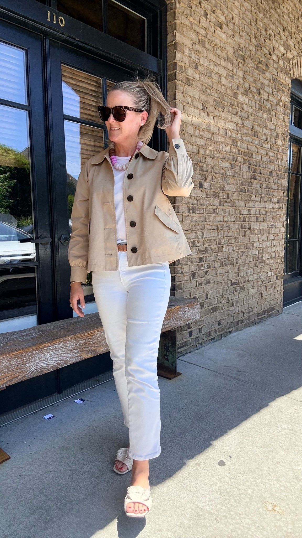 Spring outfit idea for smart casual workwear for the office! 

Work wear, smart casual outfits, white jeans, pink tops, pink T-shirts, tortoise sunglasses, summer outfits, spring outfits 2026, cute outfits for spring, spring jackets, date night outfit, preppy outfits

#LTKootd #LTKOver40 #LTKWorkwear