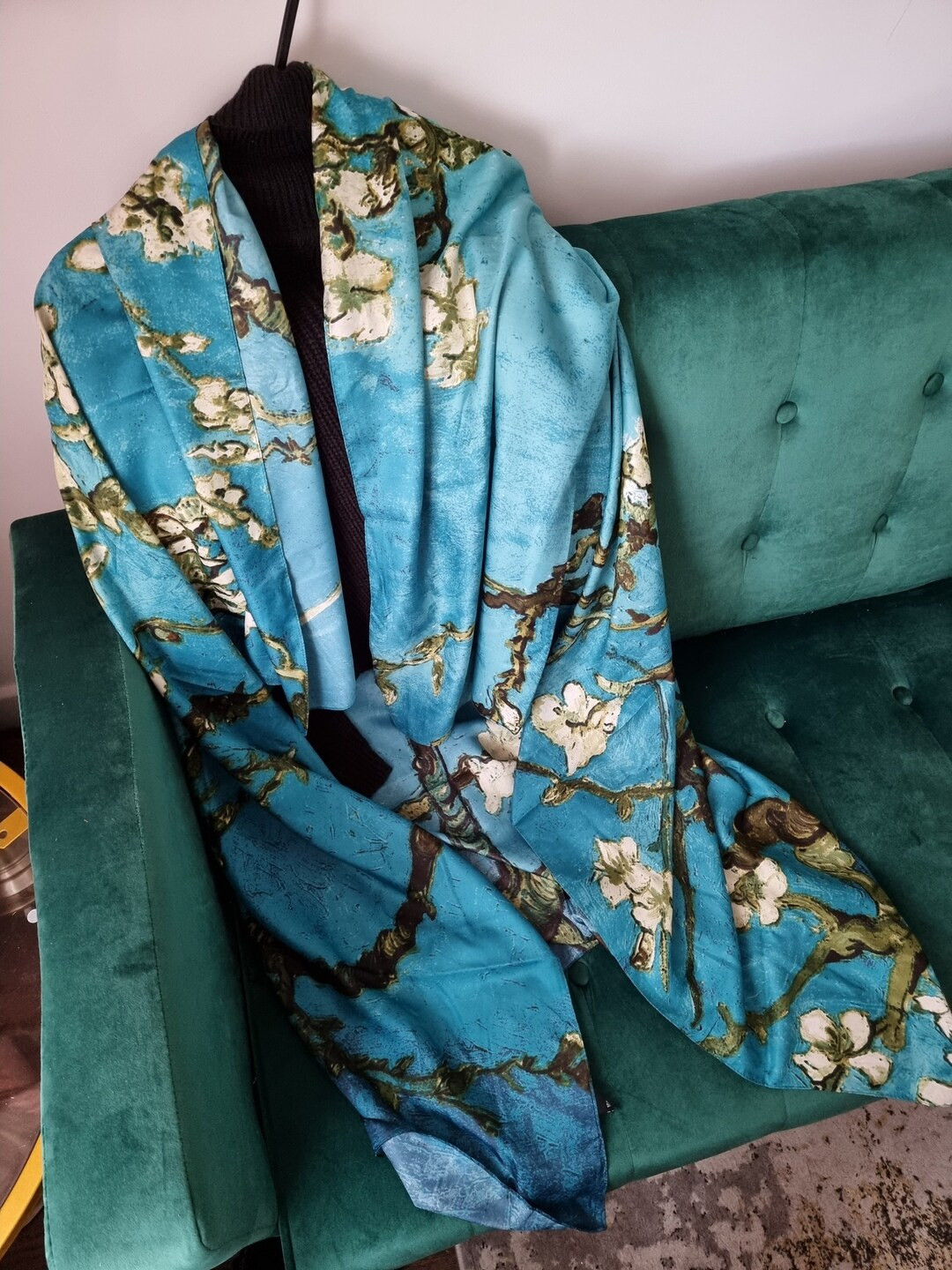 SALE Luxury 100% Silk Almond Blossom Van Gogh Teal Vibrant Scenery Flowers Scarf 130cm130cm Elega... | Etsy (UK)