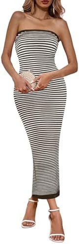 Wenrine Womens Strapless Bodycon Maxi Dress Summer Striped Sleeveless Knit Casual Tube Tops Cockt... | Amazon (US)