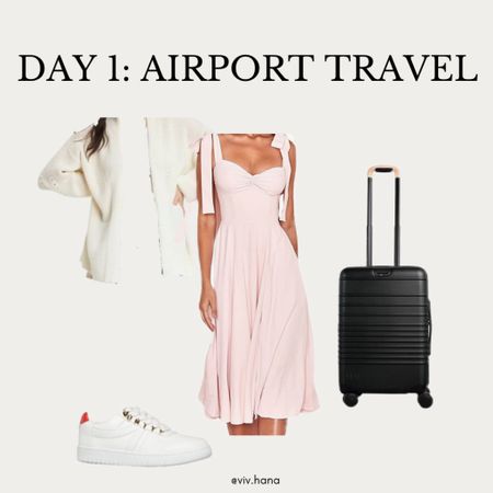 Airport travel: pink tie strap midi dress, cozy knit cardigan, white lace tie sneakers, Beis carry-on luggage 

#LTKtravel #LTKunder100 #LTKSeasonal