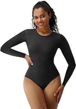 SHAPERX Women's Soft Crew Neck Bodysuit Fits Everybody Long Sleeve Body Suits Tops | Amazon (US)