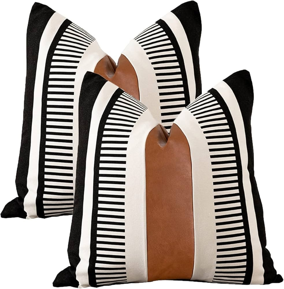 Vfuty Set of 2 Black White Boho Pillow Cover with Leather Modern Couch Pillow Covers 22x22 inch F... | Amazon (US)