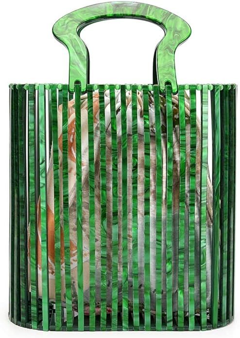 Womens Fashion Bamboo Bag with Acrylic Handle Bucket Bag Summer Beach Clutch Purse Handbags | Amazon (US)